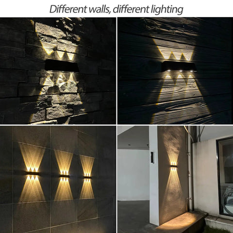 Outdoor Solar Wall Light Up And Down Aluminum Sconce Waterproof Dusk To Dawn 3000K Warm White on stone, wood, and concrete walls