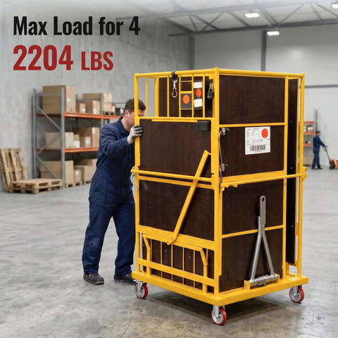 Heavy Duty Five Inch Industrial Grade Caster Wheels With Total Locking Brakes Smooth Rolling Set Of Four, 2204 lbs max load shown in warehouse.