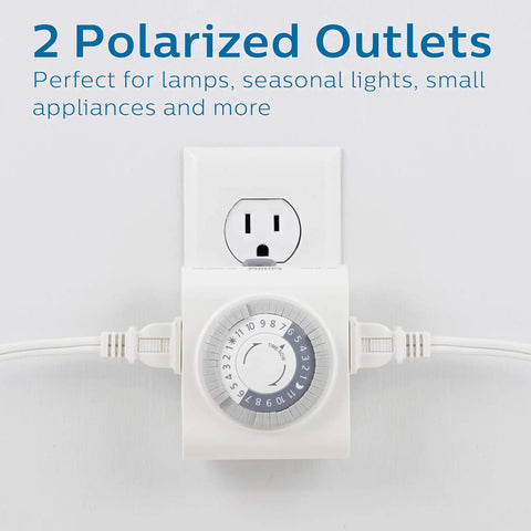 24 Hour Mechanical Timer Outlet With Two Polarized Plugs, White Exterior For Auto Lighting, Easy Push Pin Schedule, No Sweat Daily On Off Cycles And Seamless Plug And Play Convenience, showing polarized plugs and timer dial.