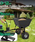 Beefy Built Tow Behind Broadcast Spreader For Lawn And Garden With 130 Lb Capacity attached to tractor, spreading seed