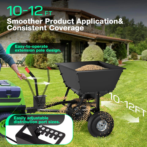 Beefy Built Tow Behind Broadcast Spreader For Lawn And Garden With 130 Lb Capacity attached to tractor, spreading seed