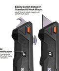 Close-up of Auto Loading Retractable Utility Knife with Dual Sided 10 Blade Magazine showing standard and hook blades.