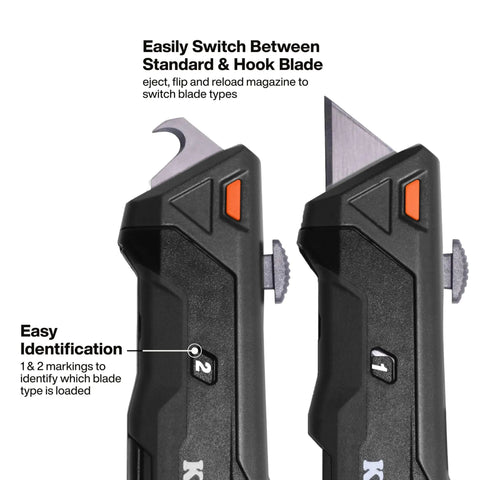 Close-up of Auto Loading Retractable Utility Knife with Dual Sided 10 Blade Magazine showing standard and hook blades.
