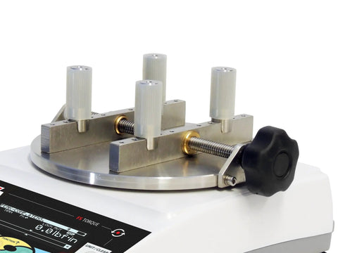 Cap Torque Gauge With NIST Traceable Certificate 100 Lbf Inch And 0.1 Lbf Inch High Res Clockwise And Counter Clockwise Testing Built In Wireless Data Capture USB RS232 MicroSD Seven Inch Diameter Sample 1000 Hz Readouts, metal clamp fixture