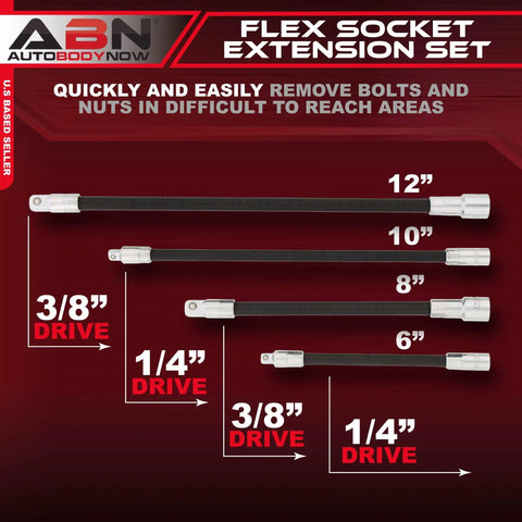 Flexible Socket Extension Set for 1/4 and 3/8 Inch Drive, 4 Piece Light Duty Wrench Extensions in various sizes displayed