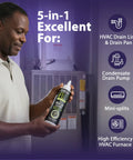 Person holding Severe Clog Relief AC Drain Line Cleaner 5X Concentrate With Enzyme Technology in front of HVAC unit.