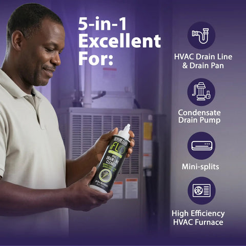 Person holding Severe Clog Relief AC Drain Line Cleaner 5X Concentrate With Enzyme Technology in front of HVAC unit.