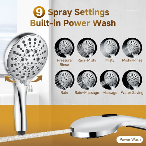 Rainfall Shower Head System with 9 Inch Rain Head and Handheld, showing 9 spray settings and chrome finish.