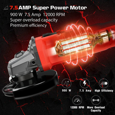 Beefy 7.5 Amp 4-1/2 Inch Angle Grinder With 12000 RPM showing motor and efficiency features