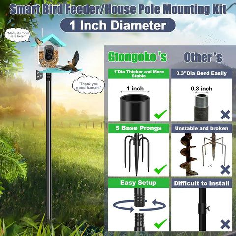 Heavy Duty 1 Inch Bird Feeder Pole 63 Inch Adjustable Backyard Stand With 10 Inch Base Black Weatherproof Metal Mounting Kit For Bird Houses Feeders And Backyard Bird Watching