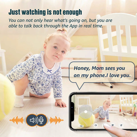 Baby playing on floor, monitored by 1080P Wireless Indoor Security Camera With Pan Tilt Zoom For Home Nanny Cam Use To Monitor Pets Babies And Seniors 24 7 Live Video Night Vision Two Way Audio Motion Alerts Cloud Or SD Card Storage Easy Setup With Free App.