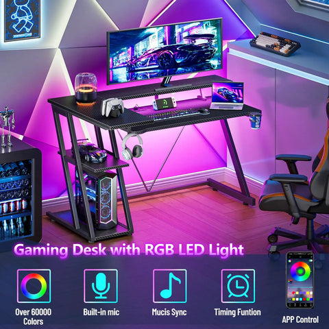 40 Inch L Shaped Gaming Desk With Power Outlet And LED Lights, carbon fiber texture, monitor stand, in small gaming room