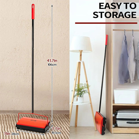 Manual Carpet Floor Sweeper With Tough Horsehair Rollers To Snag Pet Hair And Crumbs Plug Free Unit in a modern home setting.