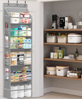 Over the Door Shoe Rack Organizer 6 Tier 66 Lbs Capacity 600D Oxford Fabric Grey 2 Pack in kitchen storing food items.
