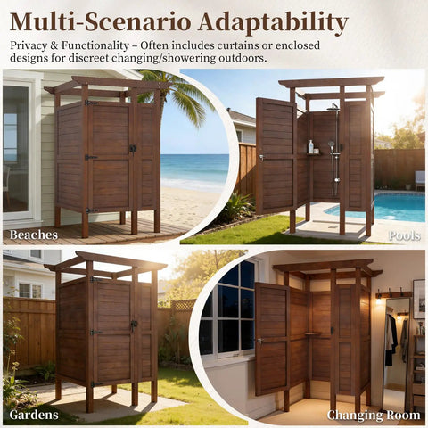All Weather Solid Wood Outdoor Shower Enclosure with Storage Shelf and Lockable Door shown in various setups