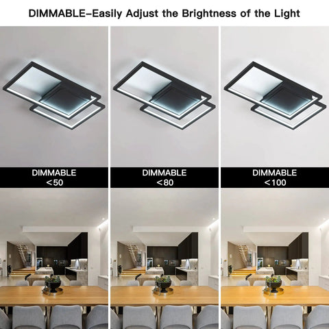 Dimmable settings of Sleek Square Frame LED Ceiling Light Fixture Dimmable 40W 6000K Cool White Flush Mount Black Finish For Dining Room.