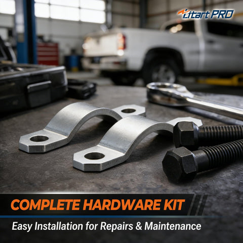 Stainless Steel Universal Joint Strap Kit With Bolts For Rear Driveshaft Replacement shown in an automotive workshop.