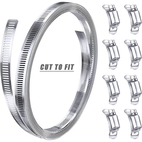 304 Stainless Steel Hose Clamp Assortment Kit With 12 Ft Cut To Fit Metal Strap And 8 Fasteners, Adjustable Worm Gear Pipe Clamps, cut strap and fasteners