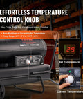 Control panel of Kerosene Forced Air Heater 175000 BTU Portable Space Heater with thermostat in a warehouse.