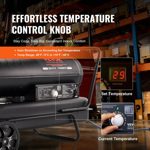 Control panel of Kerosene Forced Air Heater 175000 BTU Portable Space Heater with thermostat in a warehouse.