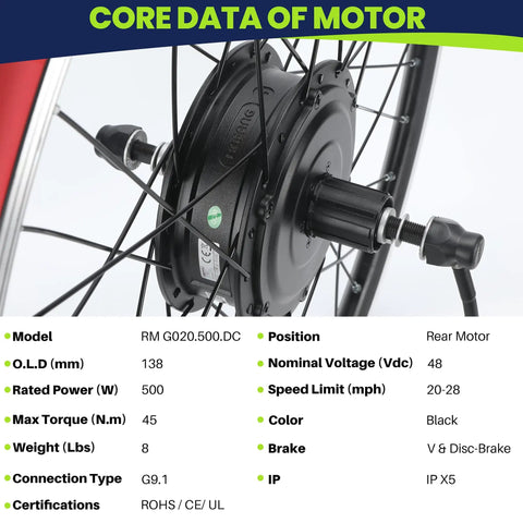 Close-up of rear motor from Beefy 48V 500W Rear Hub Ebike Conversion Kit with detailed motor specifications shown on side.
