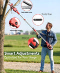 Person using 2-In-1 Cordless Pole Saw And Mini Chainsaw, 8-Inch Brushless Bar, telescoping pole for tree trimming, focus on features.
