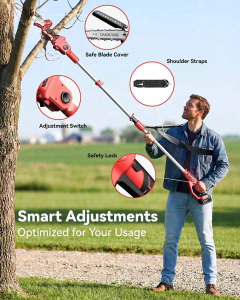 Person using 2-In-1 Cordless Pole Saw And Mini Chainsaw, 8-Inch Brushless Bar, telescoping pole for tree trimming, focus on features.
