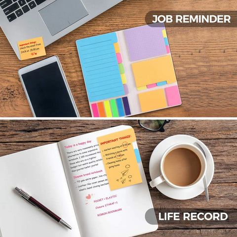 Sticky Notes Set For Journaling And Planning, Self Stick Note Pads For Study Sessions on desk with notebook and coffee.