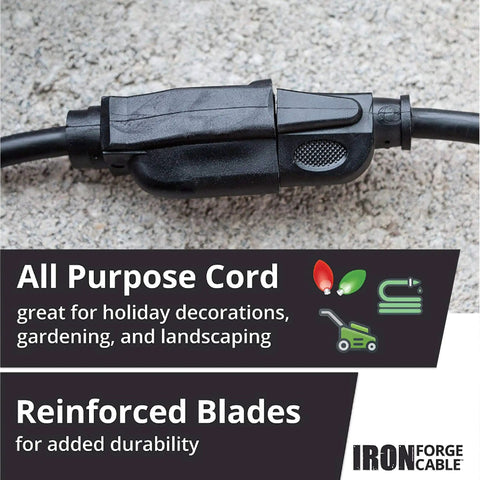 10 Gauge 3 Conductor Lighted Outdoor Extension Cord For Indoor And Outdoor Use with reinforced blades on gravel surface