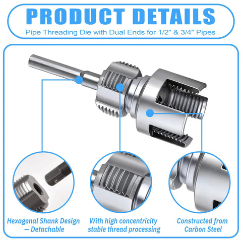2-In-1 PVC Pipe Threader Kit With Internal And External Dies For One-Half And Three-Quarter Inch Pipes, Drill Compatible