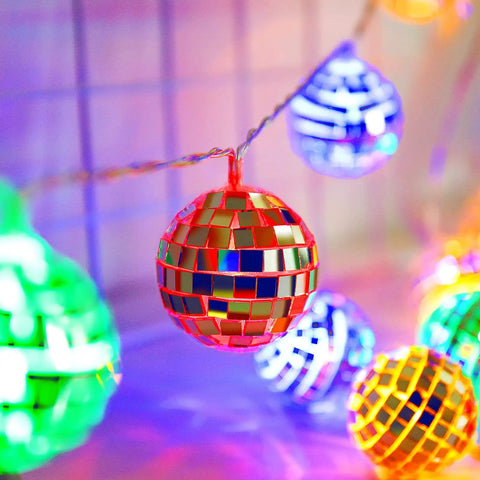 Close-up of 50 LED Disco Ball Mirror String Lights Multicolor Party Decor For Indoor And Outdoor Use USB Or Battery Powered