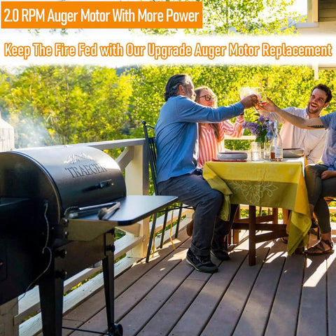Upgraded 2.0RPM Auger Motor Replacement Part For Wood Pellet Grill Smokers next to friends enjoying outdoor meal