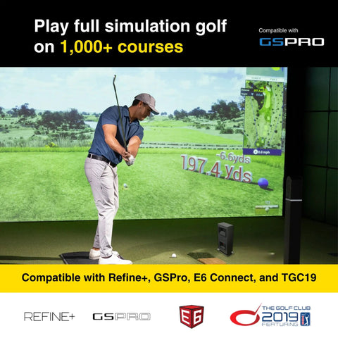 Golfer using Eye Mini Lite Indoor Golf Launch Monitor And Simulator With 19 Precision Metrics Near Zero Latency on GSPro.