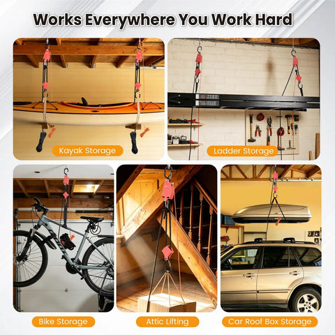 Self Locking Block and Tackle Pulley System With 36 Foot Three Eighths Inch Rope Hands Free Hoist Limit 70 Lbs Tie Down Limit 350 Lbs Rope Hoist Hanger For Bike Kayak Deer Hunting Garage Storage Gear 1 Pack, shown lifting kayak and bike
