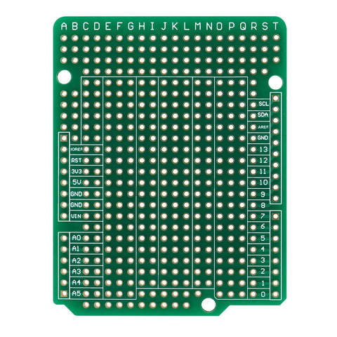 Double Sided FR4 Prototyping Board 2.54mm Pitch 68.6x53.6mm Perfboard For DIY Nerds And Arduino Projects Soldering Friendly Breadboard Circuit Prototype PCB Proto Board For Shields showing labeled section layout for Arduino connections.