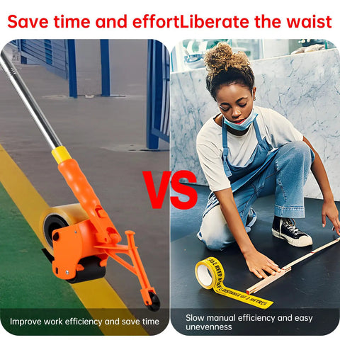 Heavy Duty Floor Tape Applicator For Driveways And Warehouses With Manual Push Marking Tool Non Slip Grip Adjustable Pressure Reusable Tape Roller Workhorse Includes Three Refill Rolls For Aisles And Sports Courts, orange ABS floor tape applicator on marked warehouse floor