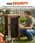 Man next to slim outdoor storage cabinet with weatherproof roof, wood and metal construction, removable shelf, lockable door, two hinges
