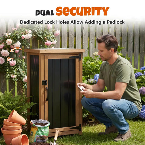 Man next to slim outdoor storage cabinet with weatherproof roof, wood and metal construction, removable shelf, lockable door, two hinges