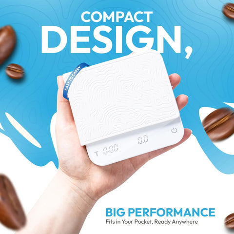 Hand holding Mini Coffee Scale With Timer For Espresso And Pour Over Brew On The Go Digital Barista Weight Scale With 0.1g Precision.