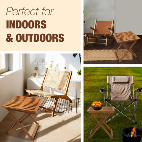 Folding Wooden Side Table, Portable And No Assembly Needed, for outdoor and indoor use, patio and camping setups.