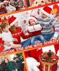 Family in Santa hats exchanging gifts around Christmas tree, festive decorations and presents in red theme.