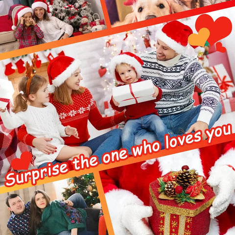 Family in Santa hats exchanging gifts around Christmas tree, festive decorations and presents in red theme.