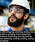 Worker wearing safety glasses and Premium Slow Recovery Foam Ear Plugs For All Day Comfort, 33 dB NRR, in a factory setting.
