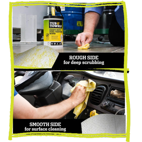 Tub O' Towels Heavy-Duty dual-texture cleaning wipes, 10x12 inch, 75-count canister, 6-pack, shown cleaning car interior.