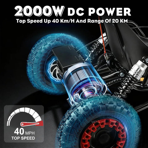 Powerful 2000W Electric Go Kart For Adults And Kids With 30 MPH Off Road Speed, showing wheel detail and power specs