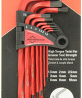 Metric Twisted Hex Key Set 9 Piece Pro Grade S2 Tool Steel Longer Shafts For Extra Leverage Color Coated For Corrosion Resistance