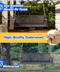 Upgraded Patio Wooden Porch Swing For Courtyard And Garden, Heavy Duty 880 Lbs Swing Chair Bench With Adjustable Chains For Outdoors, Ergonomic Comfort For A Comfy Sit, Black Finish, 5 Feet shown installed outdoors