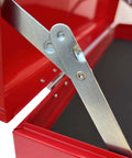 Side view of Beefy Portable Metal Tool Chest With Six Drawers, showing full length piano hinge and anti-slip drawer liner inside.