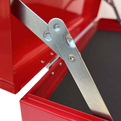 Side view of Beefy Portable Metal Tool Chest With Six Drawers, showing full length piano hinge and anti-slip drawer liner inside.