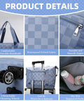Blue checkerboard rolling duffle bag with wheels and telescoping handle; expandable carry-on luggage by Amazon.